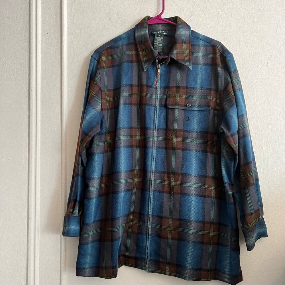 Ralph Lauren Men’s Lightweight Wool Plaid Jacket Medium Blue Brown Elbow Pads